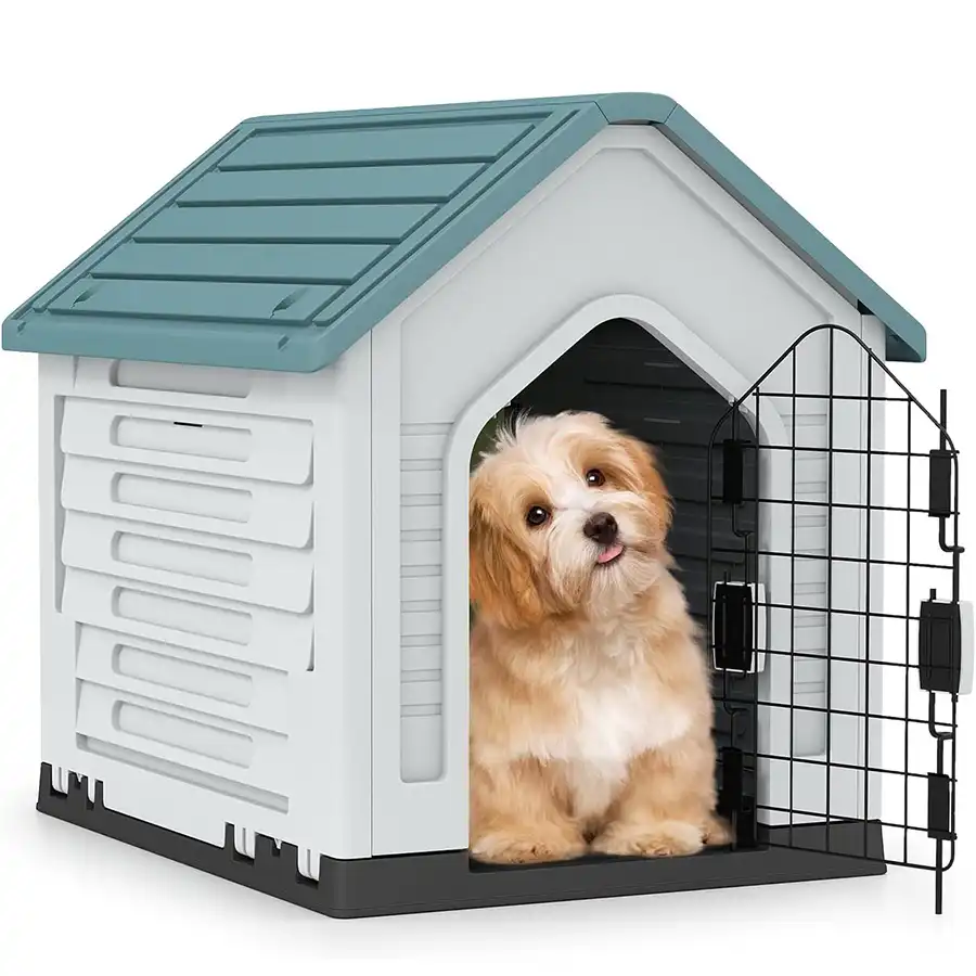 COSTWAY Caseta de Plástico para Perros, Refugio para Mascotas Impermeable con Puerta Metálica con Cerradura, Techo Inclinado y Rejillas de Ventilación, Caseta Perro para Interior y Exterior (Azul) - 66,5 x 52 x 60 cm - COSTWAY - Comparador de precios