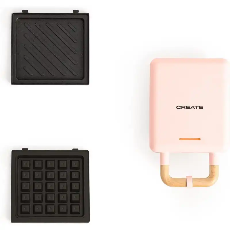 Create Stone Studio Sandwichera Grill Y Gofrera Intercambiable Individual 600W Rosa Pastel