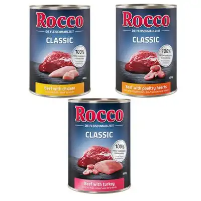 Rocco Classic 6 x 400 g - Pack mixto ave (vacuno y pollo, vacuno con corazones de ave, vacuno y pavo) - Rocco - Comparador de precios