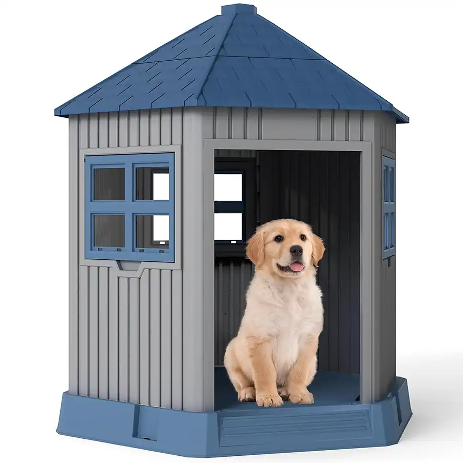 COSTWAY Caseta Perros Exterior de Plástico, 76x90x96 cm, Casa para Perros Grande con 2 Ventanas y Claraboya, Techo Inclinado, Entrada Amplia, Impermeable, Caseta para Perro en Forma de Granero - 76 cm x 90 cm x 96 cm - COSTWAY - Comparador de precios