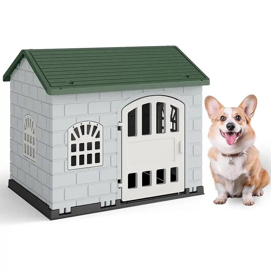 COSTWAY Caseta Perros de Plástico, Refugio para Mascotas con Puerta Bloqueable, 3 Ventanas, Techo Inclinado y Base con Orificios de Drenaje, Jaula Impermeable para Interior y Exterior (Verde) - 75 x 58 x 65 cm - COSTWAY - Comparador de precios