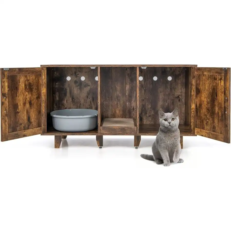 COSTWAY Cajas de Arena para Dos Gatos con Arenero Cubierto y Tablero Rascador en Café para gatos - 120 x 52 x 65 cm - COSTWAY - Comparador de precios