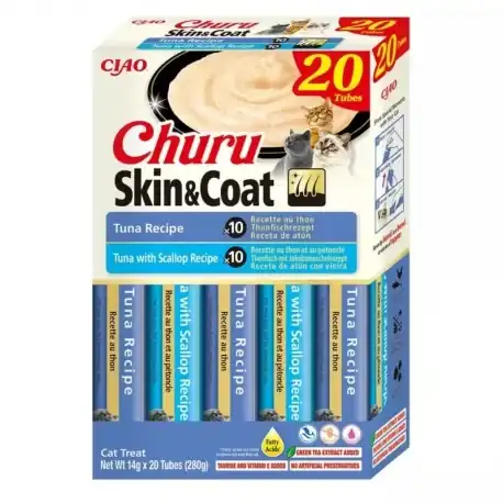 Churu Skin&Coat Snacks Cremosos para Gatos 2 Recetas Atún y Atún con Vieira, 20 x 14 gr - Churu - Comparador de precios