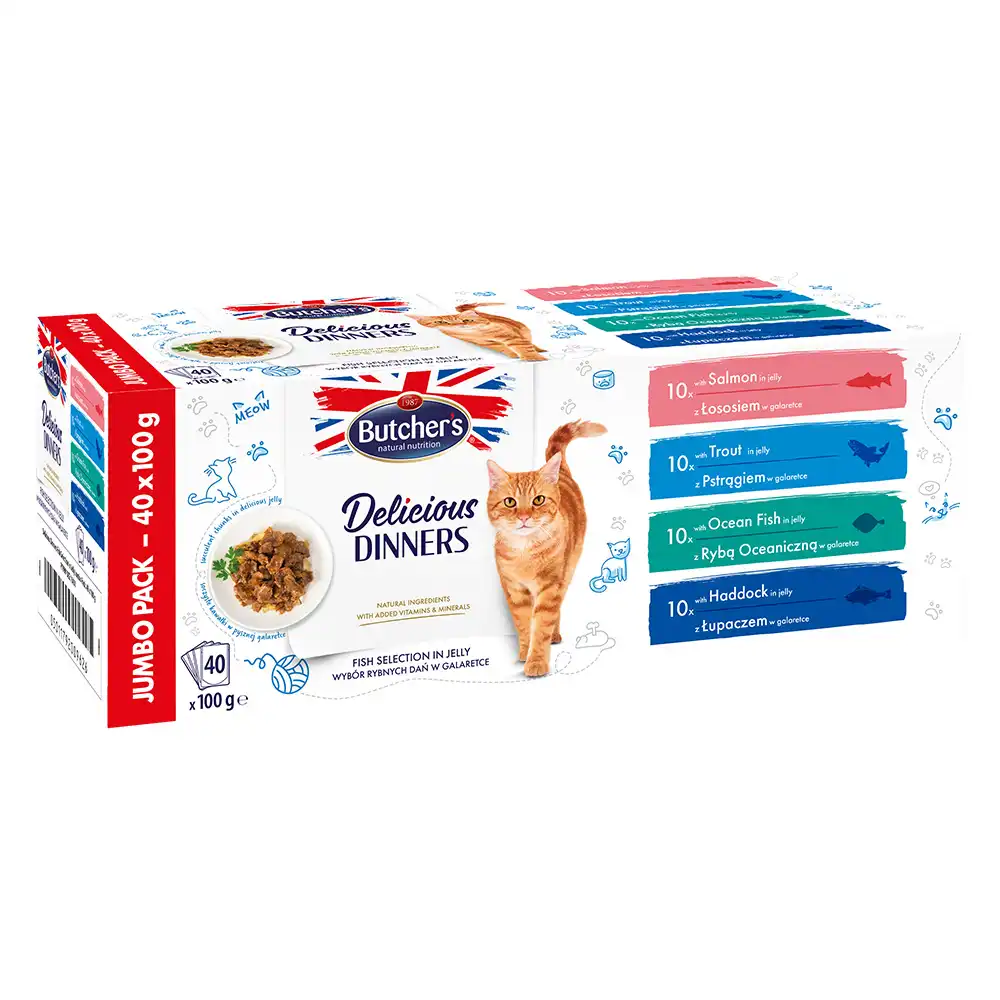 Butcher's Delicious Dinners comida húmeda para gatos 40 x 100 g - Selección de pescado (Salmón / trucha / pescado de mar / abadejo)