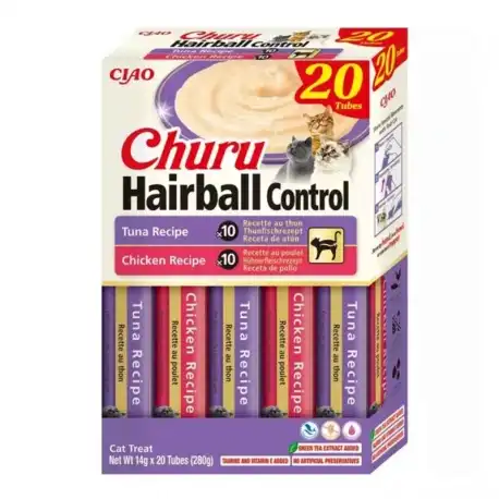 Churu HairBall Control Snacks Cremosos para Gatos 2 Recetas Pollo y Atún, 20 x 14 gr - Churu - Comparador de precios