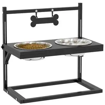 Comedero Elevado Para Perros De Acero 40,5x22x39 Cm-pawhut. Negro