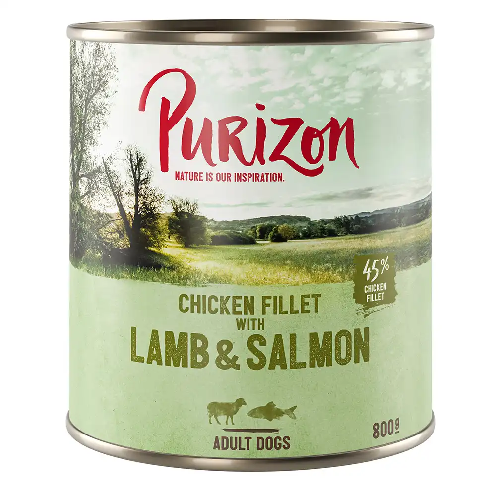 Purizon Adult 12 x 800 g comida húmeda sin cereales para perros - Cordero y salmón con patata y pera