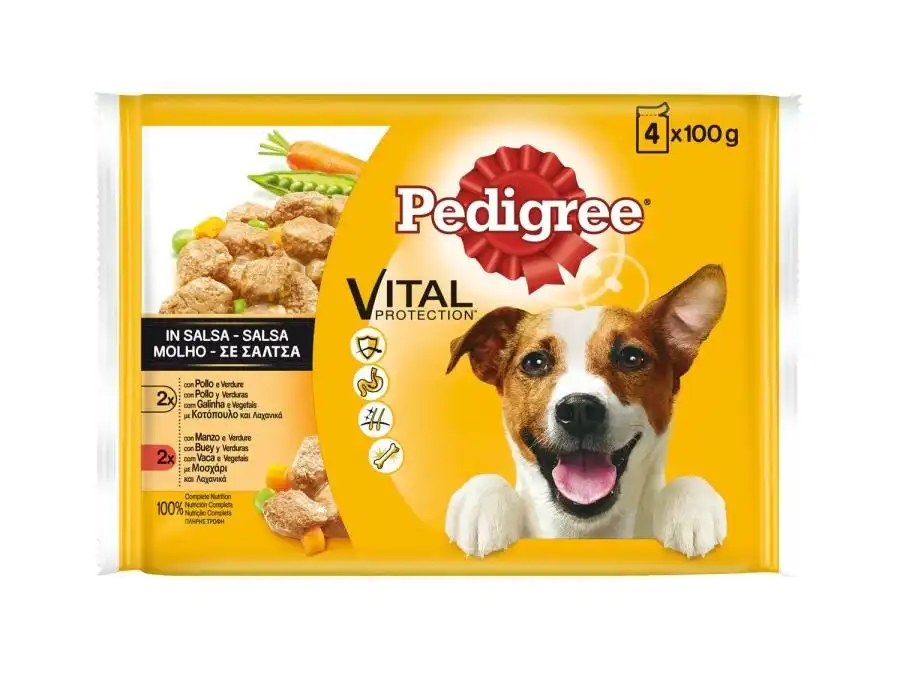 Comida húmeda para perros adultos pequeños, medianos y grandes Pedigree Vital Protection pollo y buey con verduras 4x100 gr