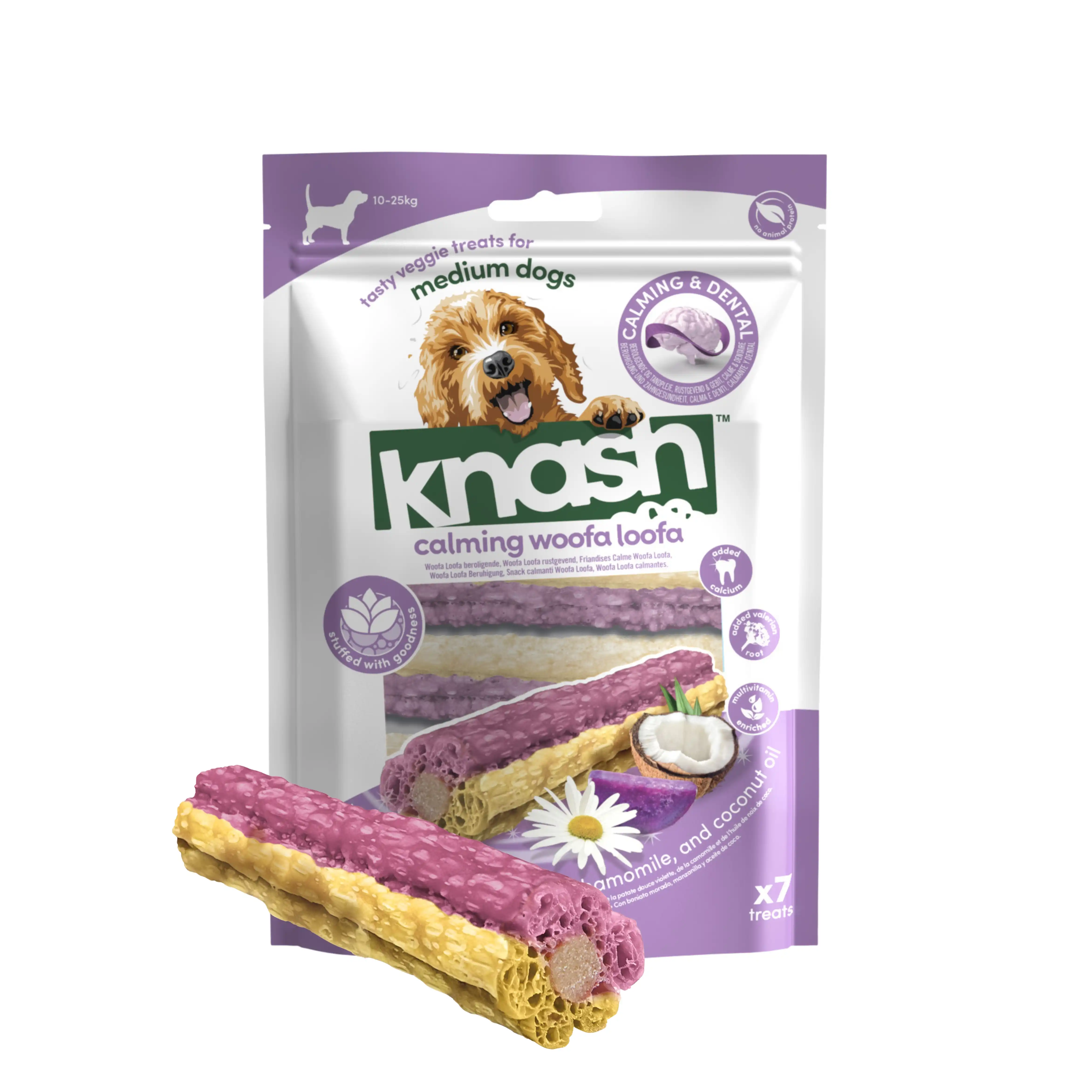 KNASH SNACK CALMING DE CAMOMILA, BONIATO Y COCO PERRO S o M, 2 bolsas x 7 uds - 252 g - Knash - Comparador de precios
