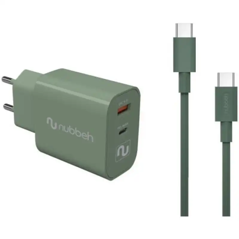 Nubbeh Cargador Pared Bhoot USB + USB-C PD 3.0 30W + Cable CC Silicona Líquida 60 W Verde