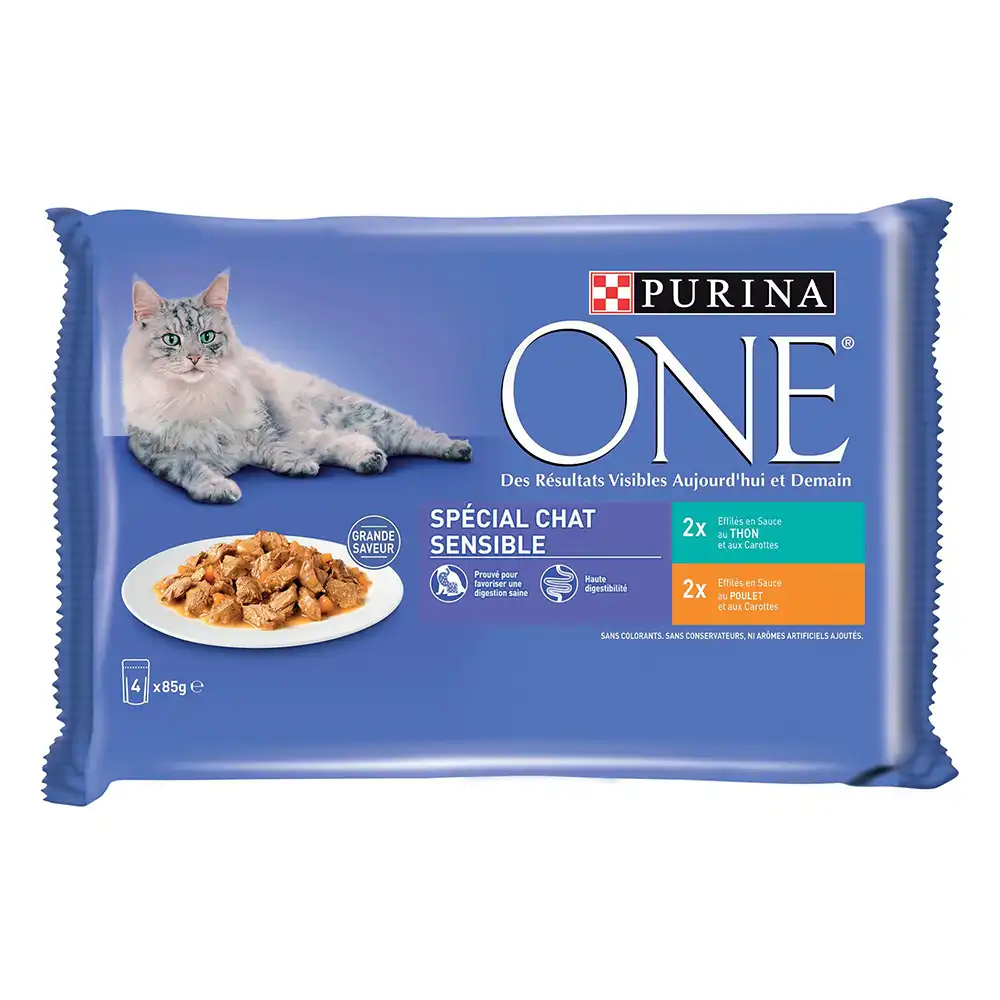 Purina ONE Sensitive comida húmeda para gatos - Con pollo y atún (4 x 85 g)
