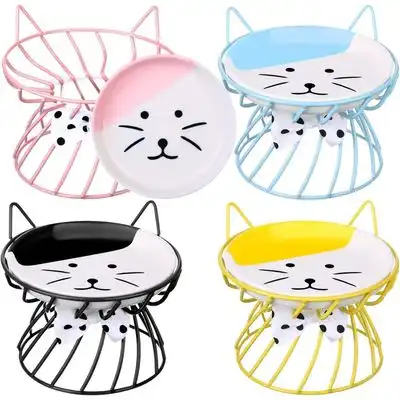 ZooVenture Juego de 4 cuencos de cerámica para gatos con soporte de metal - Amarillo, rosa, azul, negro - Cerámica, base metálica antideslizante - Zooventure - Comparador de precios