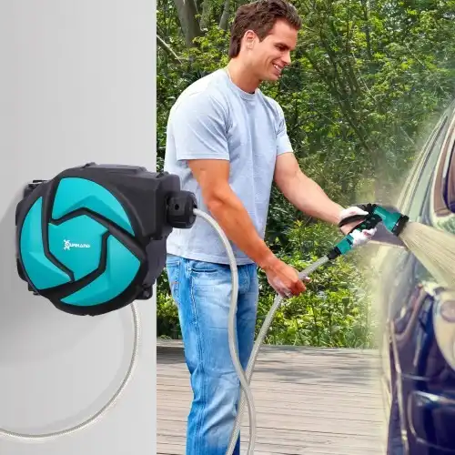 Carrete para manguera retráctil color Negro y Verde - Durhand - Comparador de precios