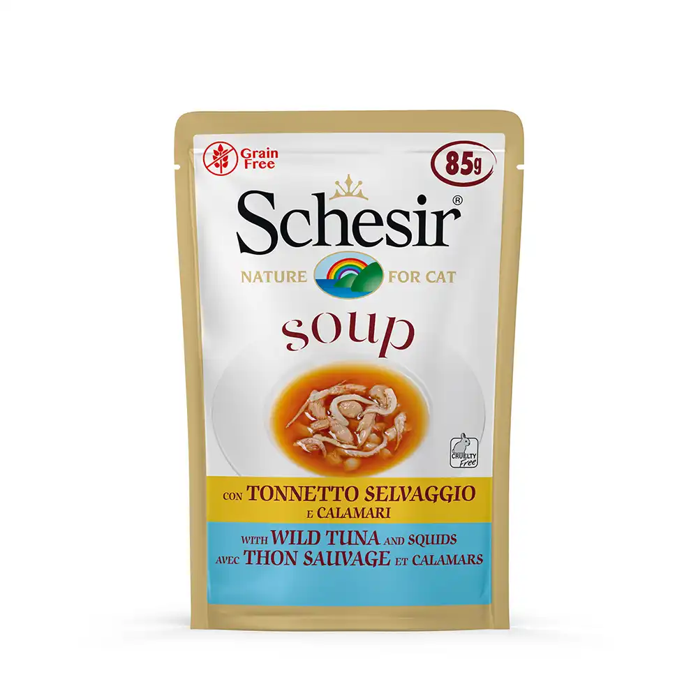 Schesir Soup 6 x 85 g sopa para gatos - Atún salvaje y calamar