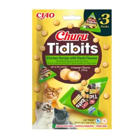 Churu Tidbits Snack para Gatos Bolitas Dos Capas Receta de Pollo Dashi, 3 x 12 gr - Churu - Comparador de precios