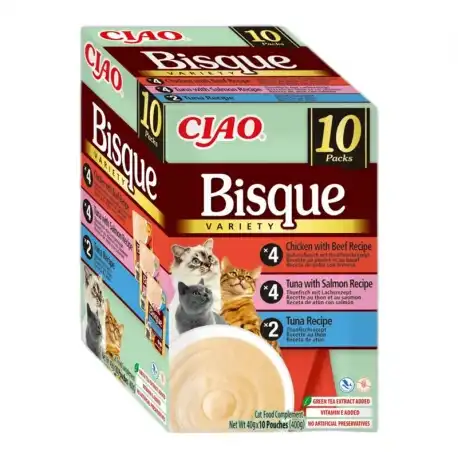 Ciao Bisque Multipack Comida Húmeda para Gatos con Pollo y Ternera, Atún y Salmón, y Atún en Puré, 10 x 40 gr - Ciao - Comparador de precios