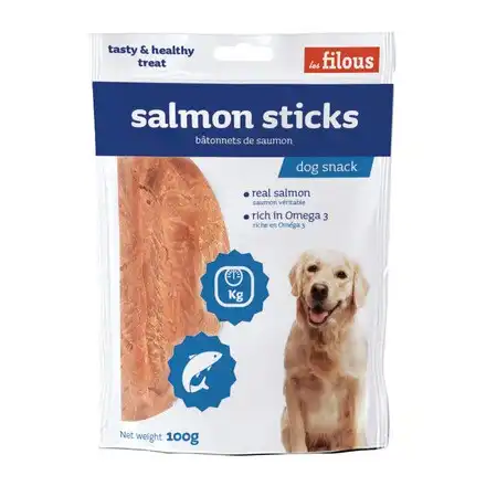 Snack para perros cachorros, adultos y senior Les Filous sticks de salmón 100 gr