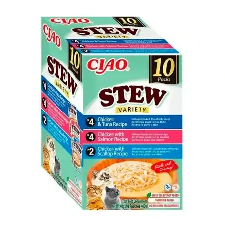 Ciao Stew Multipack Comida Húmeda para Gatos com Pollo y Atún, Salmón y Vieira en Puré, 10 x 40 gr - Ciao - Comparador de precios