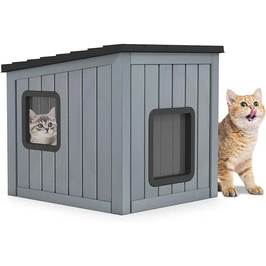 COSTWAY Casa para Gatos Exterior, Resistente a la Intemperie, 62,5x54x56,5 cm, Caseta Gato Exterior con 2 PVC Puertas de Rejilla y Techo Inclinado, Refugio para Mascotas, Cachorros, Conejos, Gris - 62,5 cm x 54 cm x 56,5 cm - COSTWAY - Comparador de precios