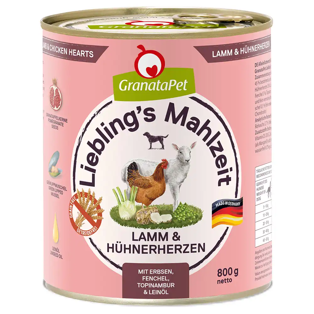GranataPet Liebling's Mahlzeit  6 x 800 g - Cordero y corazones de pollo