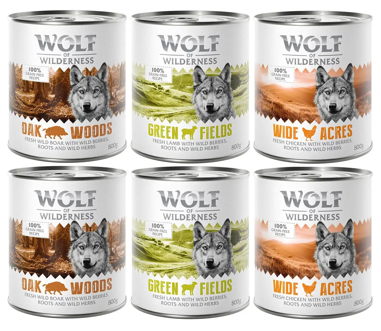 Wolf of Wilderness 6 x 800 g - Pack mixto: 2x Jabalí, 2x Pollo, 2x Cordero