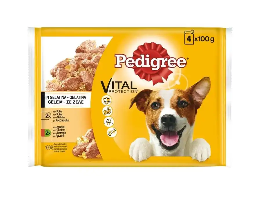 Comida húmeda para perros adultos pequeños y medianos Pedigree Vital Protection pollo y cordero 4x100 gr