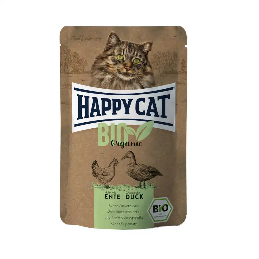 Happy Cat Adultos Bio Organic Pollo y Pato sobre en salsa