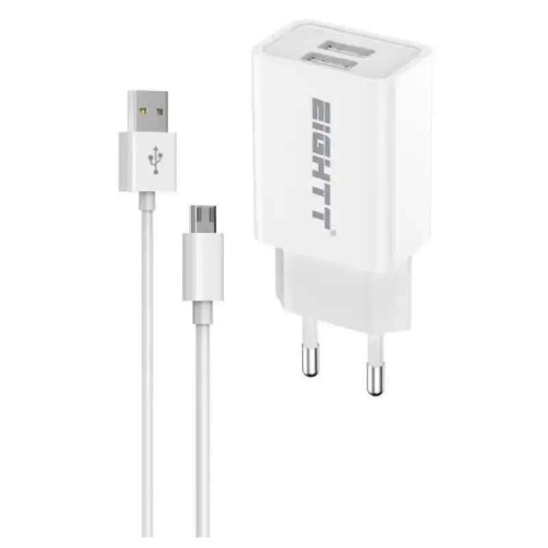 Eightt ECW-M Cargador Smartphone 2x USB-A con Cable Micro USB Blanco