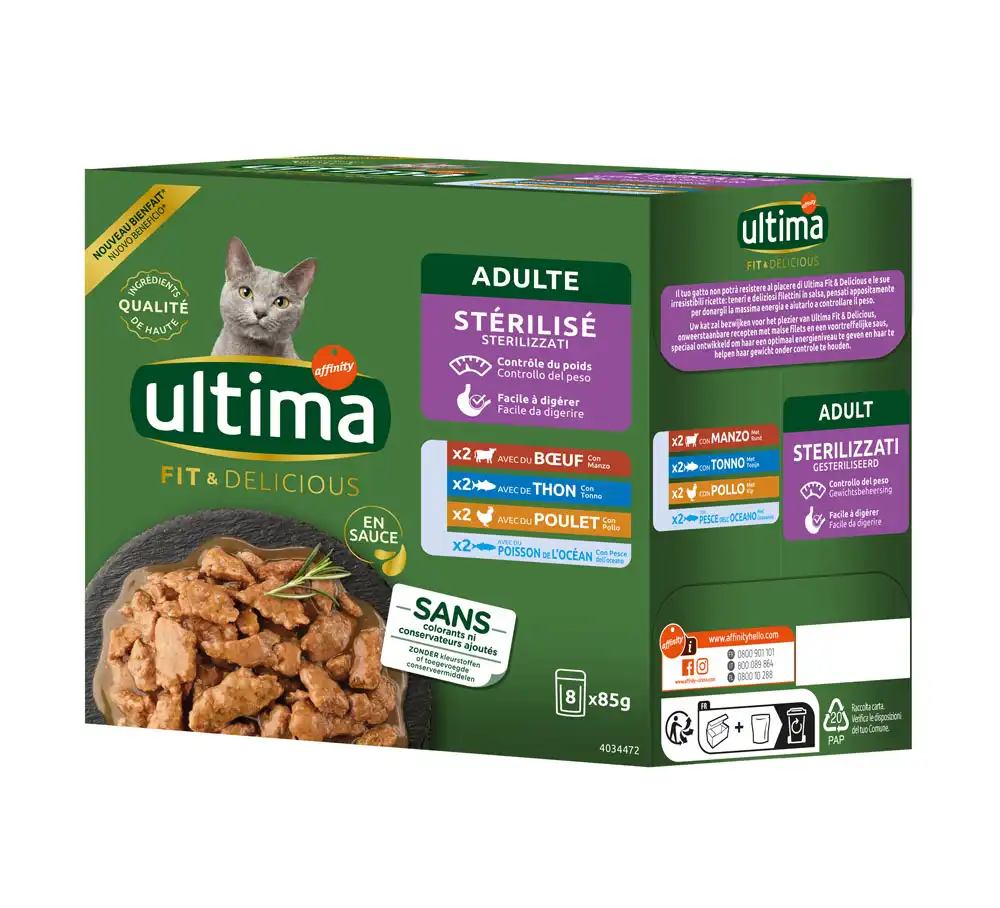 Ultima Cat Sterilised 8 x 85 g - Mix II (pollo, vacuno, atún, pescado de mar)