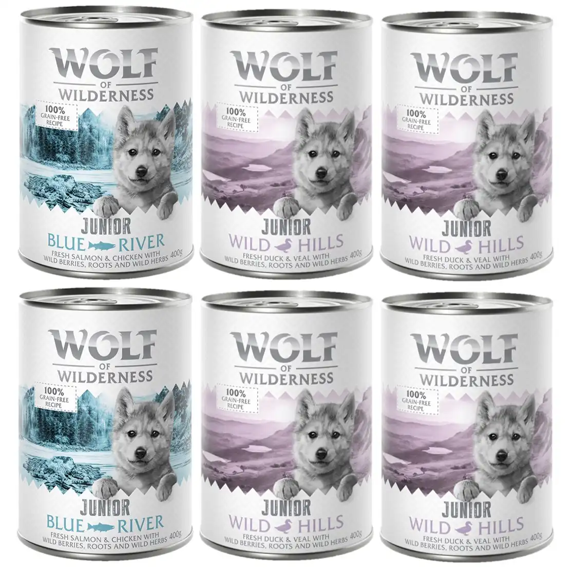 Wolf of Wilderness Junior 6 x 400 g - Pack mixto: 4x Pato y ternera, 2x Pollo y salmón - Wolf of Wilderness - Comparador de precios