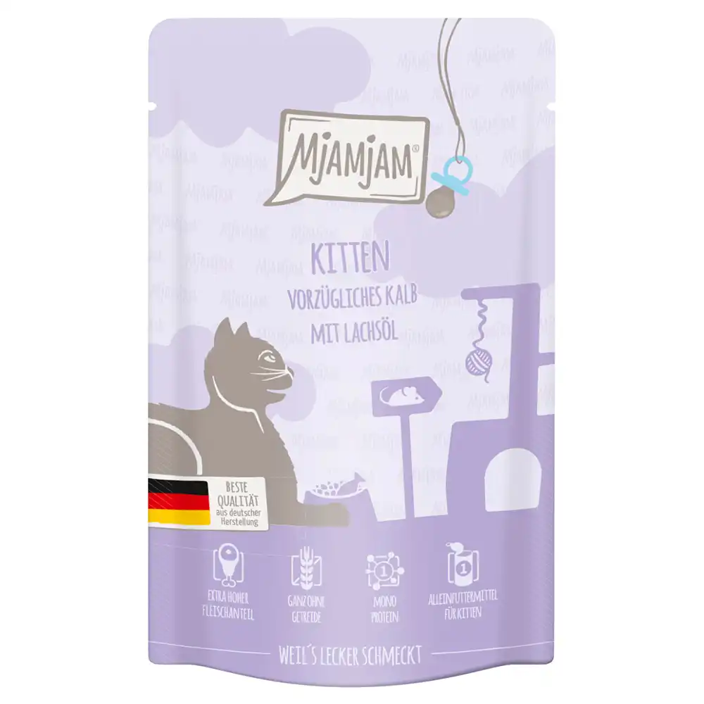 MjAMjAM Quetschie Kitten 12 x 125 g - exquisita ternera con aceite de salmón