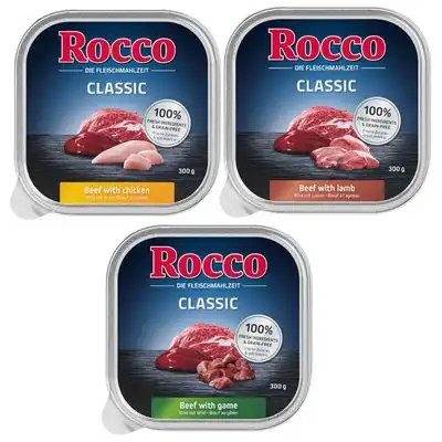 Pack de prueba: Rocco Classic tarrinas 9 x 300 g - Pack mixto II: vacuno con cordero, vacuno con pollo y vacuno con caza - Rocco - Comparador de precios