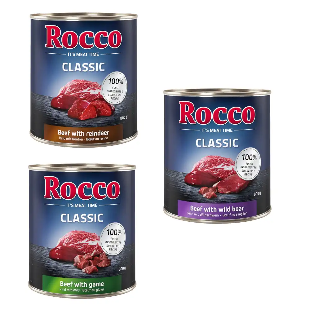 Pack mixto de prueba: Rocco Classic 6 x 800g - Mix de caza: vacuno y caza, vacuno y reno, vacuno y jabalí