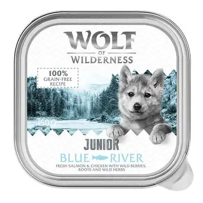 Wolf of Wilderness JUNIOR - Receta duoproteica 6 / 24 x 150 g en tarrinas - 24 x 150 g Blue River - pollo y salmón - Wolf of Wilderness - Comparador de precios
