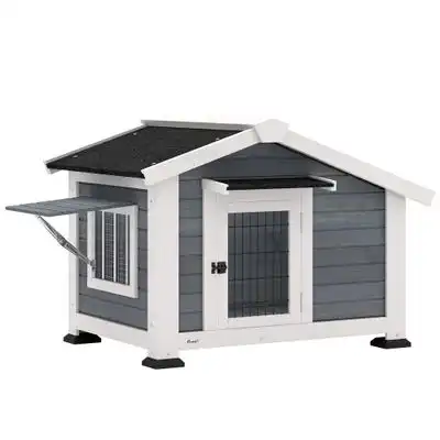 PawHut Caseta para Perros Exterior de Madera, Casa para Perros Medianos con Techo Asfático, Suelo Extraíble, Ventana Abatible y Puerta Ventilada, Base Elevada, 98x76x69,5 cm, Gris - 98x76x69.5 cm - PawHut - Comparador de precios