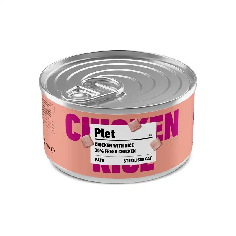 12x150Grs Latas Plet para Gatos esterilizados. Pollo con arroz. - Plet - Comparador de precios