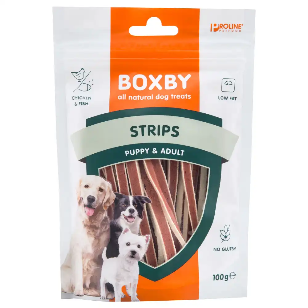 Snack Boxby strips de pollo y pescado 100 gr.