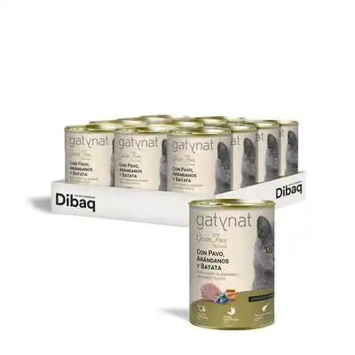 Dibaq Gatynat Lata Grain Free Pavo, Arándanos y Batata para gatos - 12 Latas x 400 g - Dibaq - Comparador de precios