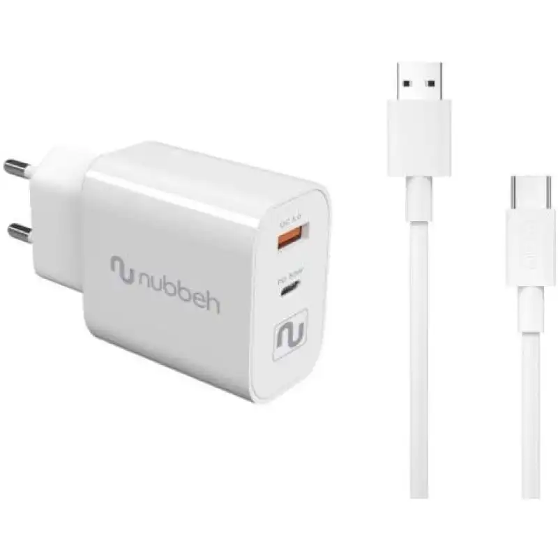 Nubbeh Cargador de Pared Bhoot USB + USB-C PD 3.0 30W + Cable USB a USB-C Líquida 60W Blanco