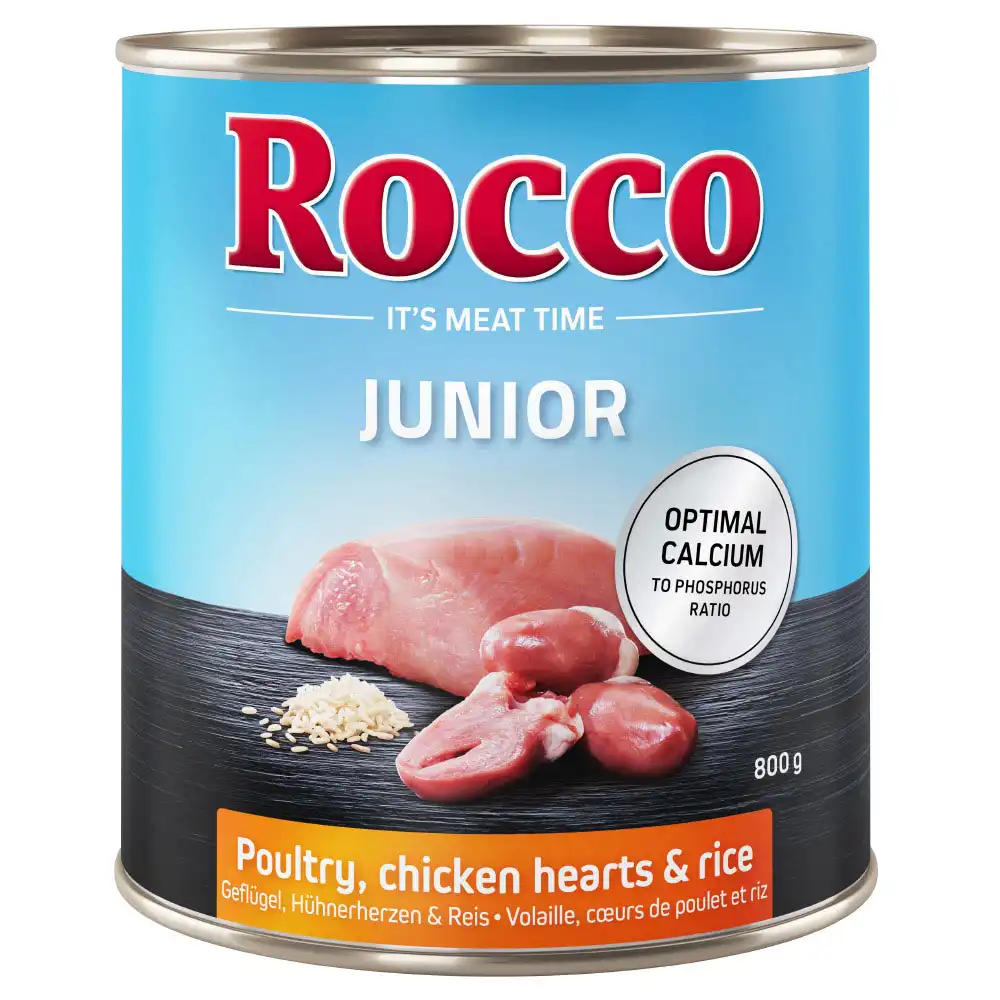 Rocco Junior 6 x 800 g - Ave con corazón de pollo y arroz