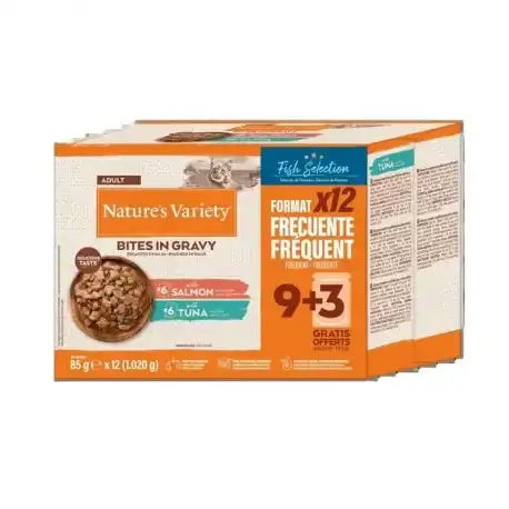 1.02 KG 12 sobres x 85 g Nature’s Variety Adult Selección de Pescados Bocaditos de Atún y Salmón Sobre en Salsa para gatos - Natures Variety - Comparador de precios