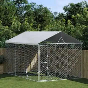 Perrera Exterior | Jaula Para Perro | Parque Para Mascotas Con Techo Acero Galvanizado Plata 3x4,5x2,5 M Cfw783983
