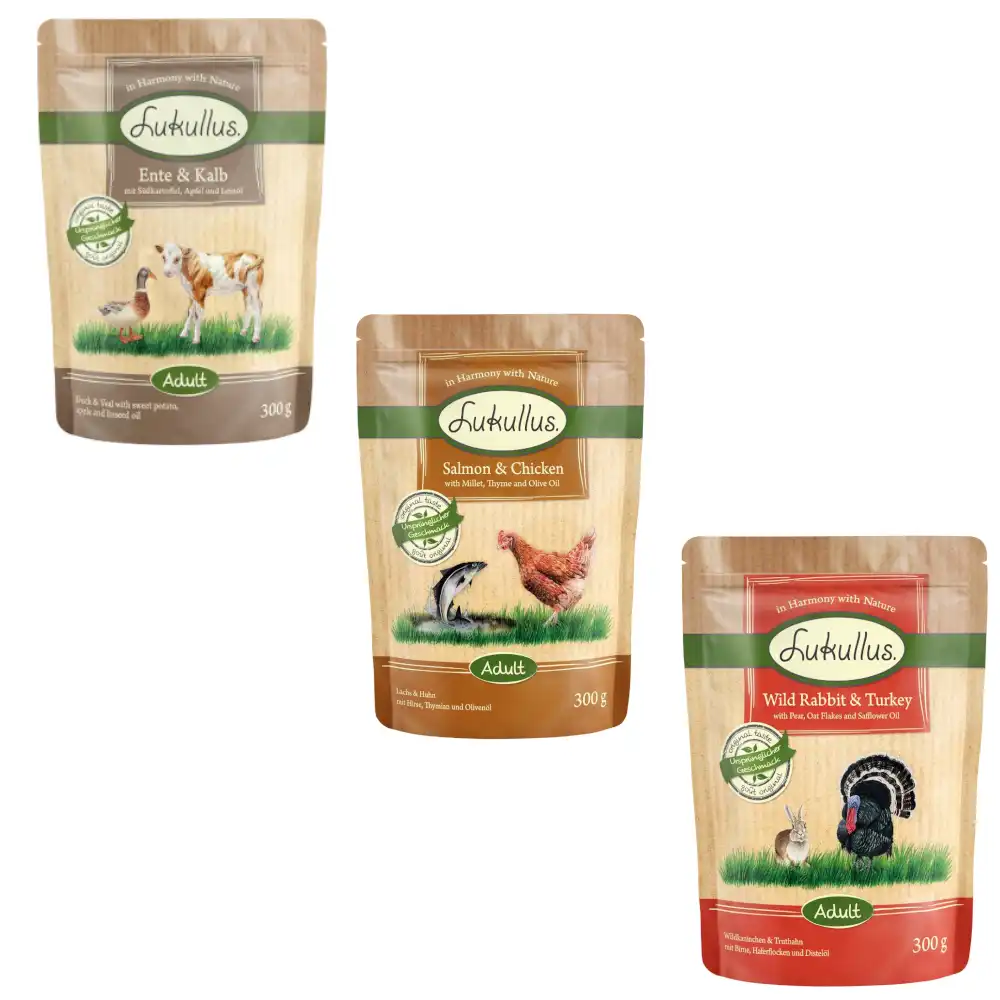 Lukullus Naturkost 6 x 300 g en bolsitas - Pack mixto (liebre y pavo / pato y ternera / salmón y pollo) - Lukullus - Comparador de precios