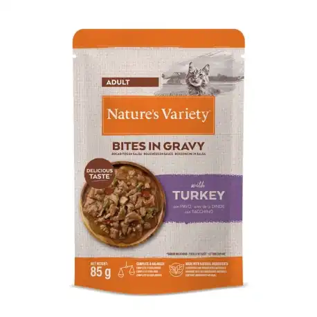 Nature's Variety sobres para gatos en oferta: hasta 14 sobres ¡gratis! - Bites en salsa con pavo - 22 x 85 g (16 + 6 ¡gratis!) - Nature’s Variety - Comparador de precios