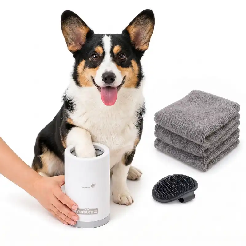 Nobleza Limpiador de Patas para Perros L, Kit de Limpieza 5 en 1 con Lavadora de Silicona Portátil, Cepillo de Baño y 3 Toallas, Limpia Barro y Suciedad, 15*9.5cm, Gris - 15 x 9,5 cm - NOBLEZA - Comparador de precios