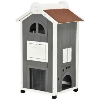 Casa Para Gatos De Madera De Abeto 59x55x109 Cm-pawhut. Gris