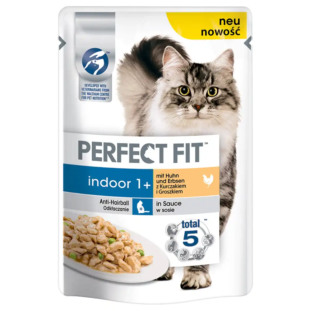 Perfect Fit Indoor 1+ bolsitas para gatos - Pollo y guisantes - 12 x 85 g