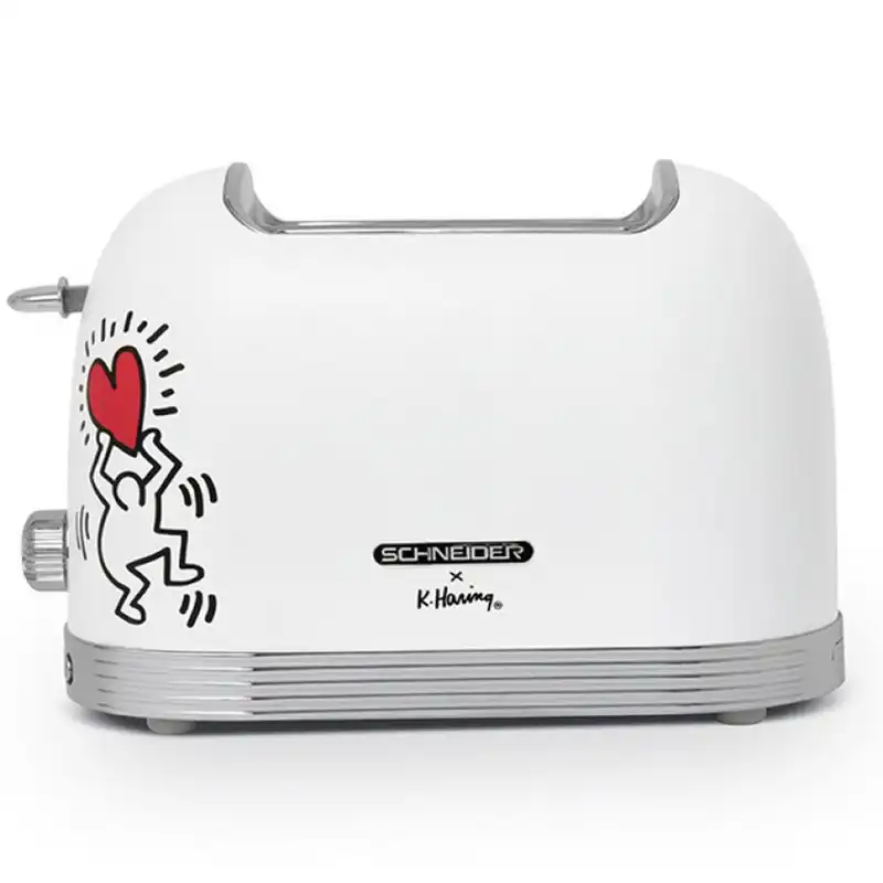 Schneider SCTO2KTECW Tostadora Vintage 2 Ranuras 815W Colección Keith Haring Blanco Mate Tech Art