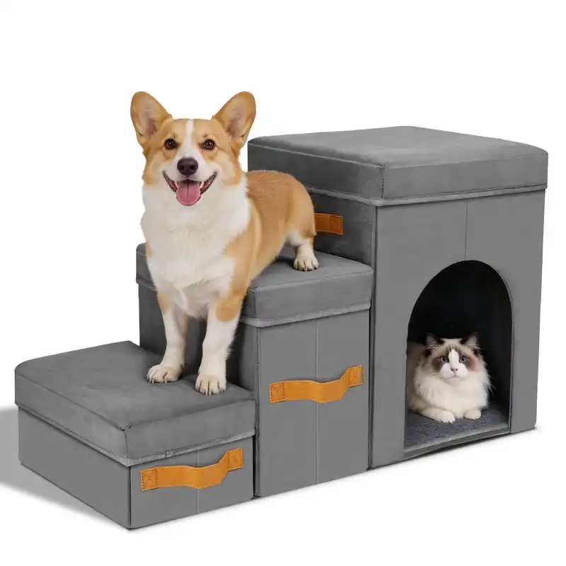 Nobleza Escalera para Perros Pequeños y Gatos de 3 Peldaños – Rampa Plegable y Desmontable con Almacenaje y Cueva de Descanso, Escalones Antideslizantes Soporta hasta 50 kg, 77 × 36 × 44 cm, Gris - 77*36*44cm - NOBLEZA - Comparador de precios