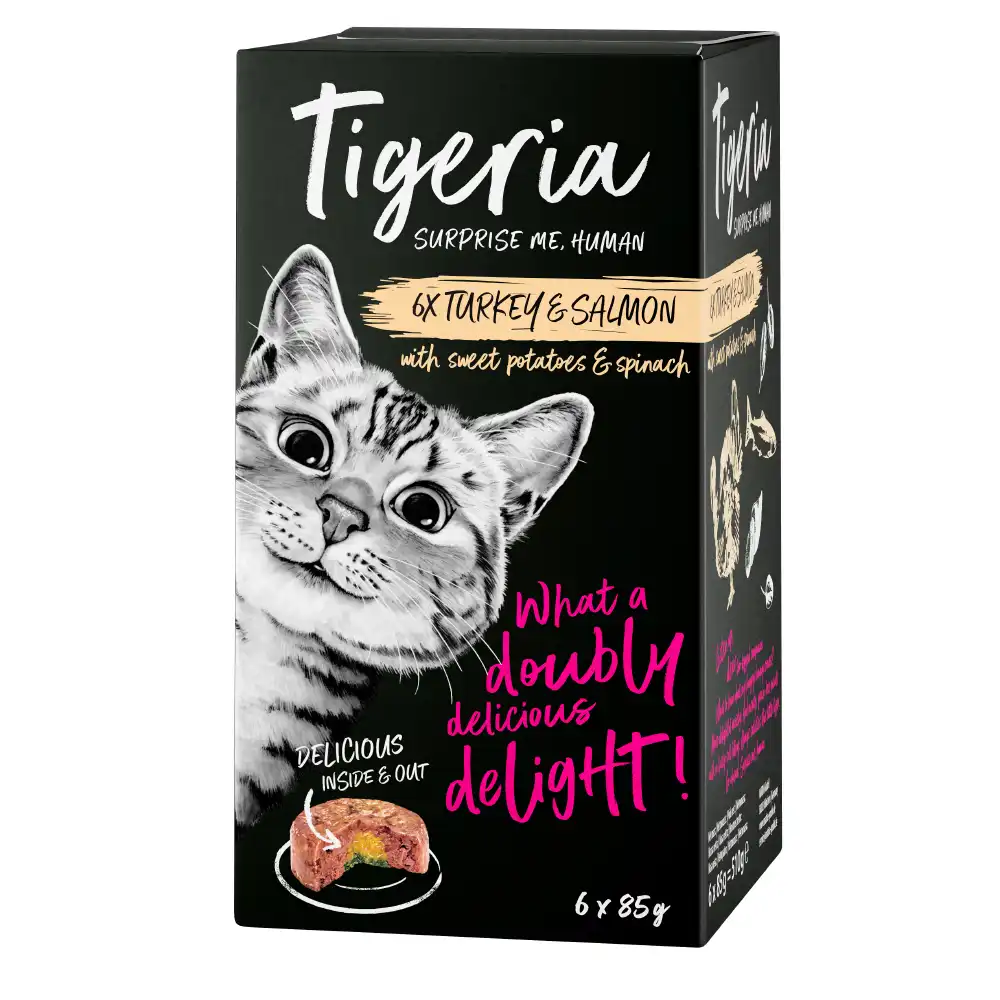 Tigeria 24 x 85 g comida húmeda para gatos - Pack Ahorro - Pavo y salmón con relleno de boniato y espinacas